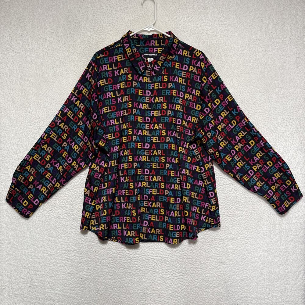 Karl Lagerfeld Top Women’s 2X Black Blouse Button Up Long Sleeve Signature Logo